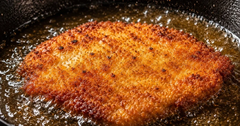 Breaded chicken cutlet frying in a skillet until golden brown and crispy