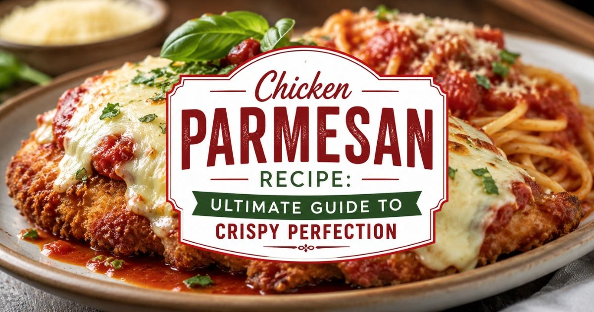 Crispy Chicken Parmesan topped with melted mozzarella cheese and rich marinara sauce, served with spaghetti on a rustic plate. The dish features a golden-brown breaded chicken cutlet with creamy melted cheese and fresh basil garnish.