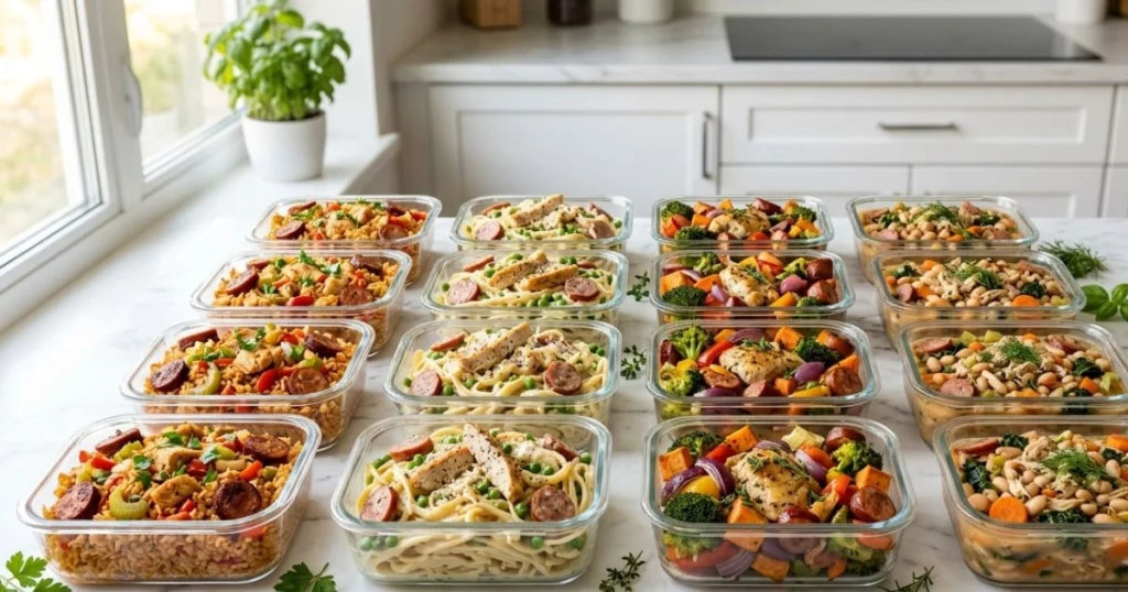 Chicken and sausage meal prep with glass containers filled with pasta, rice, vegetables, and hearty dinners.