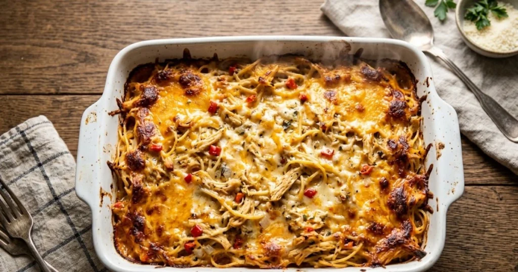 Creamy baked chicken spaghetti casserole topped with golden melted cheese
