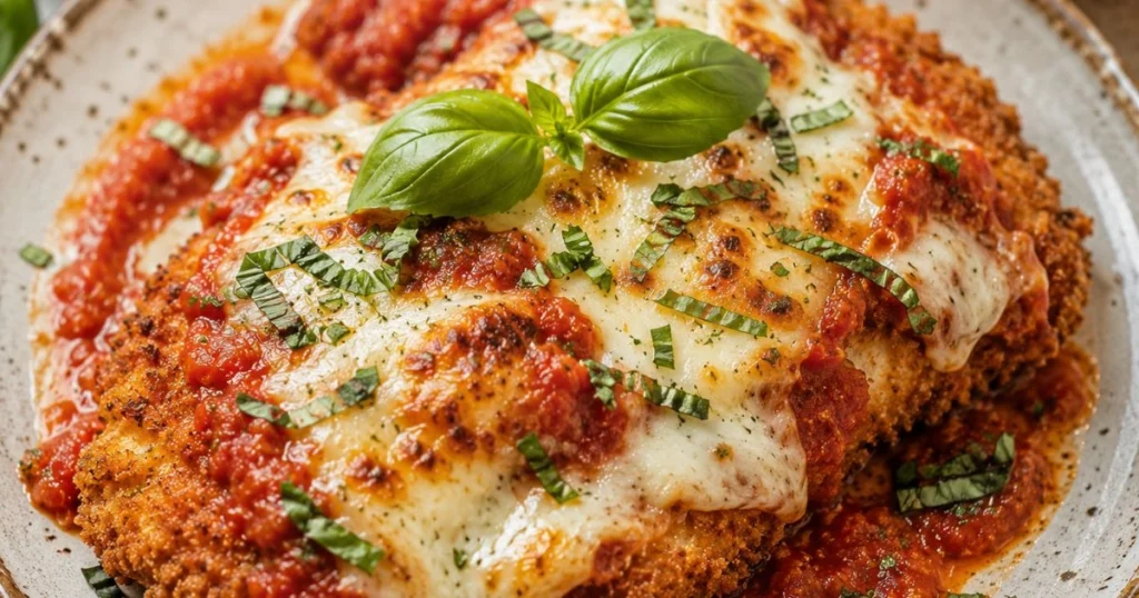 Crispy chicken parmesan topped with melted mozzarella and marinara sauce on a white plate
