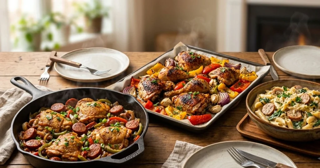 Delicious chicken and sausage recipes including Cajun skillet, creamy pasta, and sheet pan roasted chicken with vegetables.