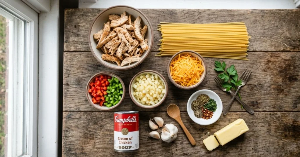 Fresh ingredients for chicken spaghetti recipe including chicken, pasta, and cheese