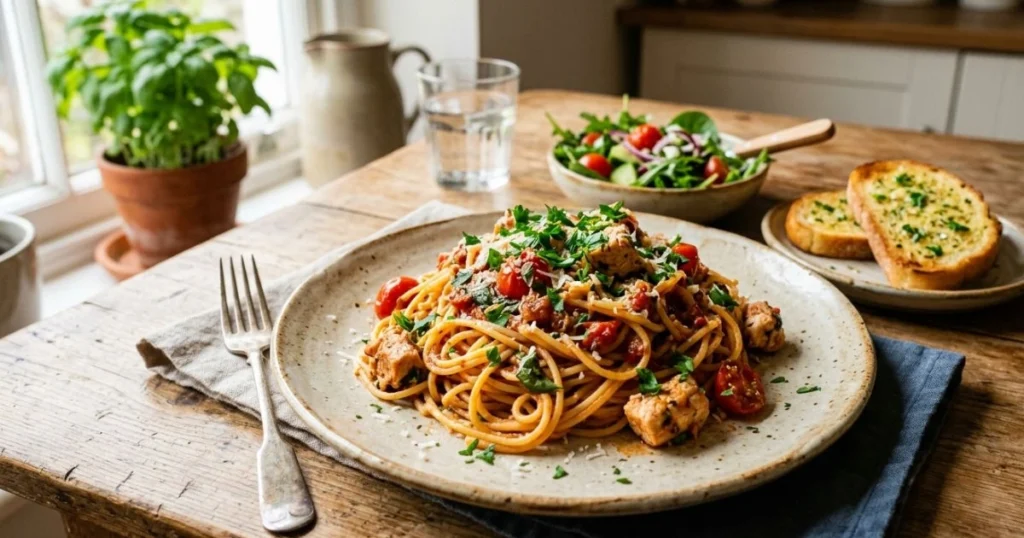Plated chicken spaghetti recipe served with garlic bread and side salad