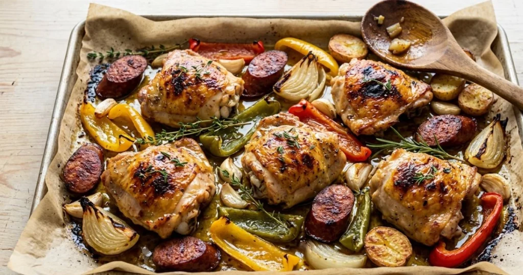 Sheet pan chicken and smoked sausage with roasted bell peppers, onions, and baby potatoes.