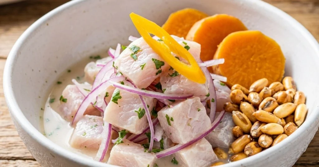 Close-up of Peruvian ceviche with red onion, cilantro, and toasted cornClose-up of Peruvian ceviche with red onion, cilantro, and toasted corn