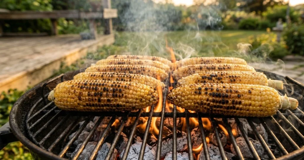 Corn on the cob grilling with char marks over a charcoal bbq grill
