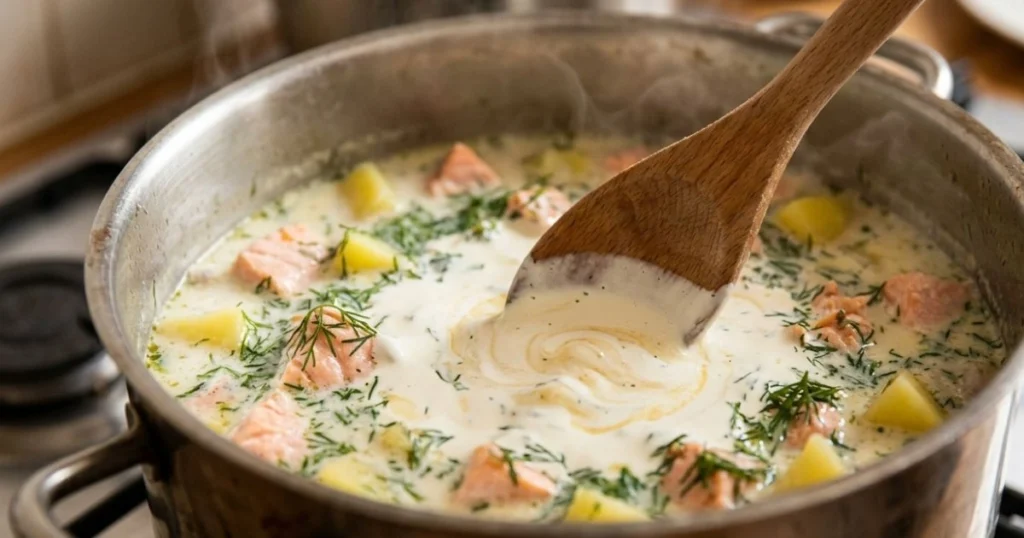 Finnish salmon soup served with dark rye bread and salted butter, a classic pairing
