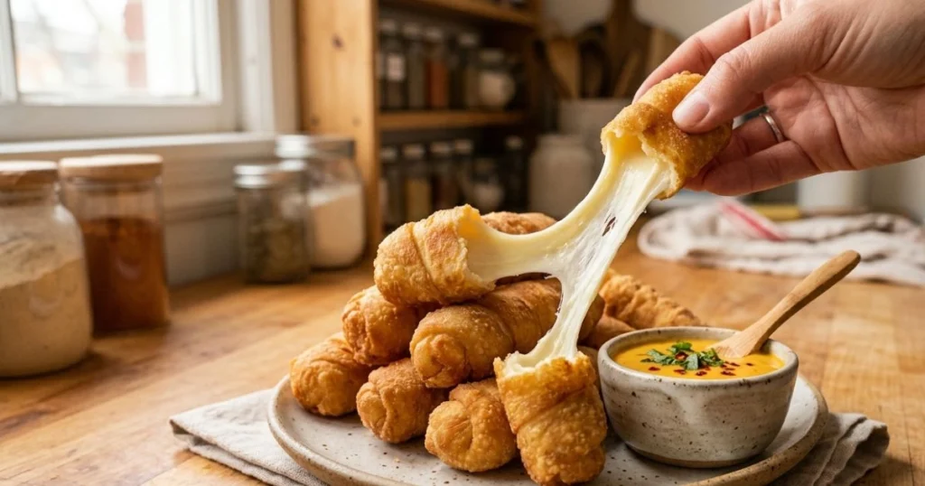 Golden fried tequeños with melted queso blanco pulling apart
