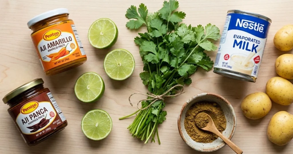 Peruvian pantry ingredients including aji amarillo paste, aji panca paste, limes, and cilantro