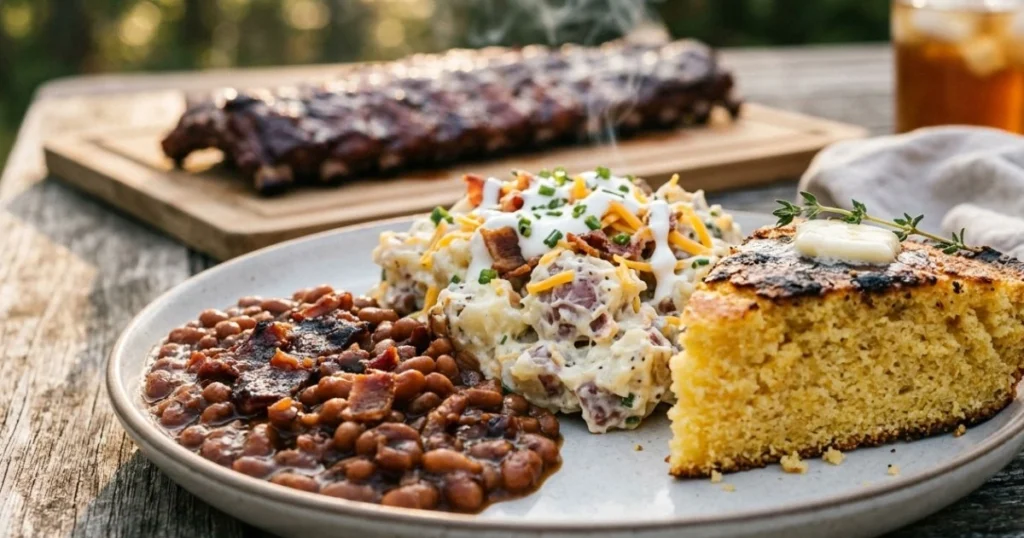Plate of bbq side dishes including baked beans, potato salad, and cornbread served with ribs