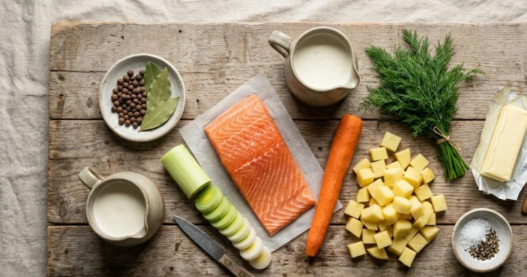 Raw ingredients for Finnish salmon soup laid out: salmon, leek, carrot, potatoes, cream, and dill