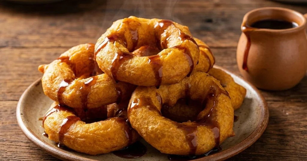 Stack of golden Peruvian picarones drizzled with spiced syrup
