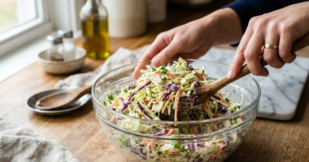 Tossing creamy coleslaw with shredded cabbage and carrots in a glass bowl