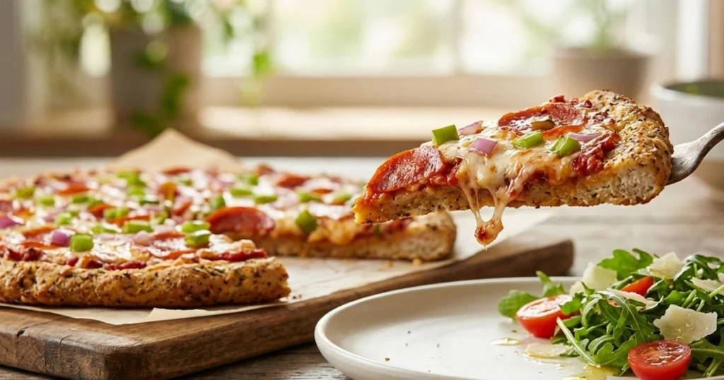 A slice of chicken crust pizza keto held up to show the firm, crispy crust