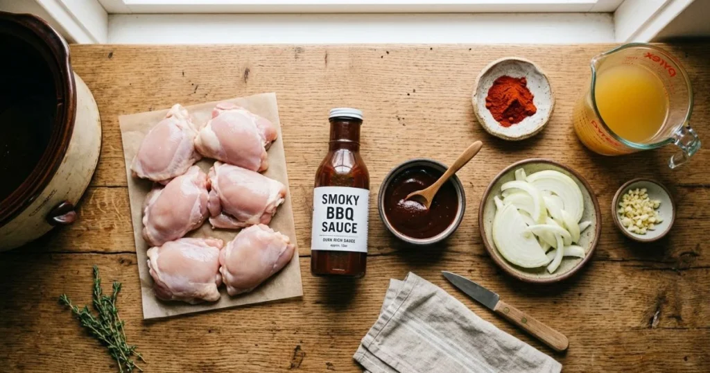 BBQ chicken crockpot recipe with tender shredded chicken in a slow cooker