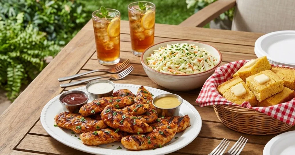 BBQ chicken tenders air fryer recipe served with coleslaw and cornbread for a backyard-style dinner