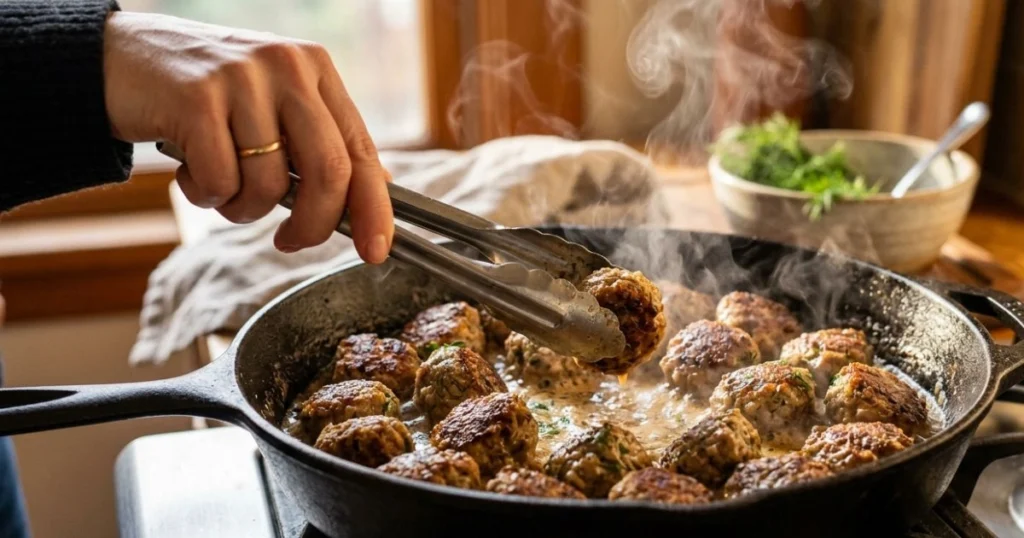 Browning Swedish meatballs in butter before simmering them in gravy