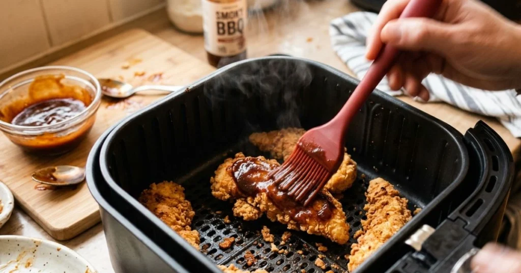 Brushing barbecue sauce onto crispy air fryer chicken tenders in the basket before the final cook
