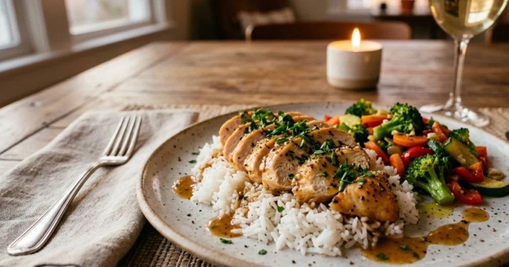 Chicken breast recipe served sliced over rice with vegetables