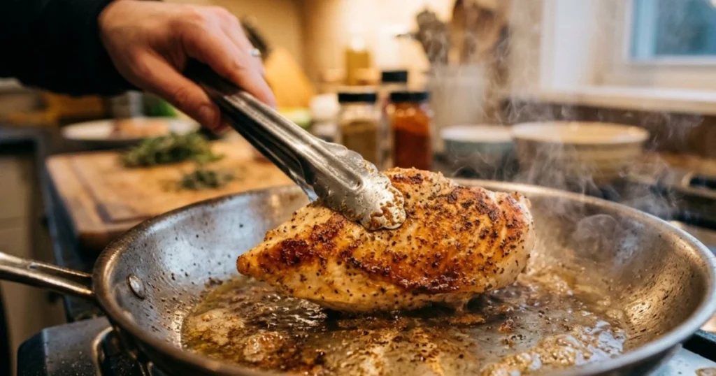 Chicken breast searing in a skillet to build a golden crust