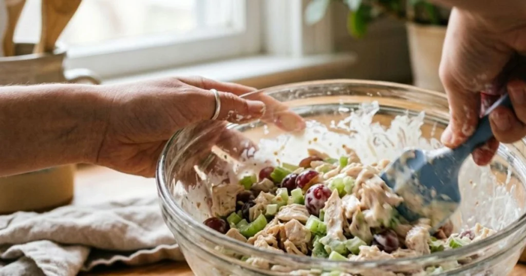 Chicken salad recipe served on a croissant sandwich with lettuce