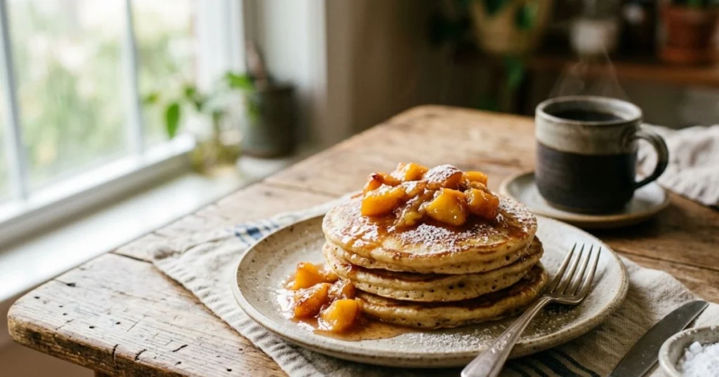 Easy hotcakes topped with warm peach compote for a homemade breakfast