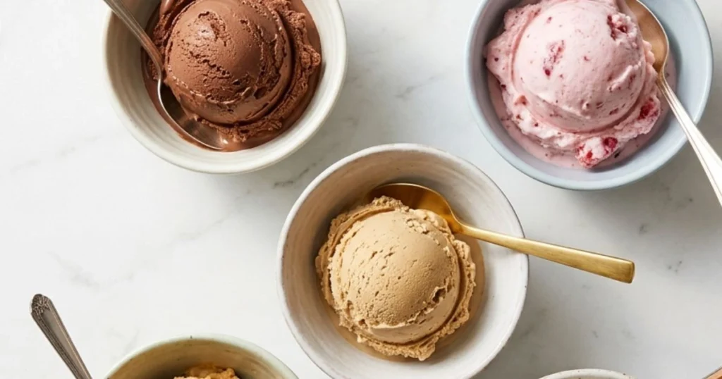 Five flavor variations of ninja creami recipes including chocolate, strawberry, and coffee