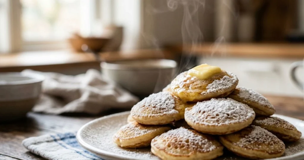 Fluffy mini poffertjes dusted with powdered sugar, an easy Dutch recipe for home cooks