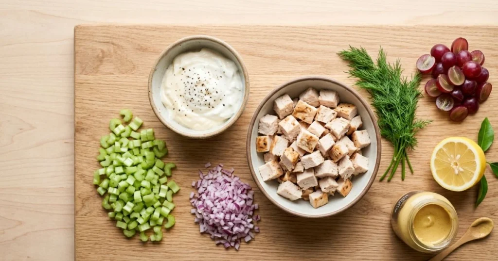 Fresh ingredients for chicken salad recipe including chicken, celery, grapes, and dill