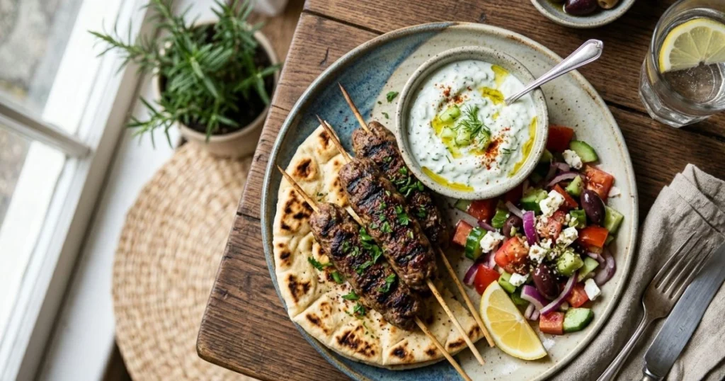 Ground lamb recipe served with pita, tzatziki, and Greek salad