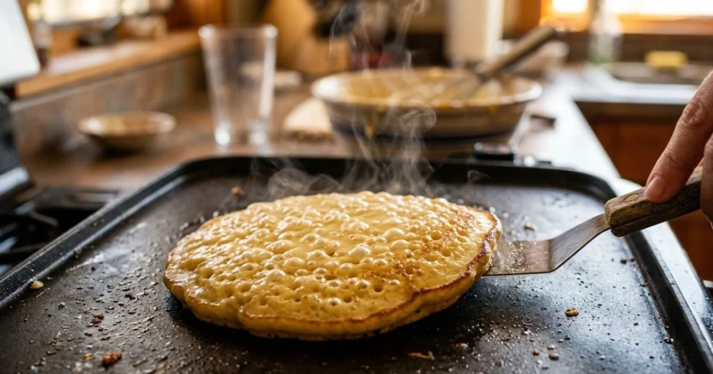 Hotcake batter cooking on a griddle with bubbles forming before flipping