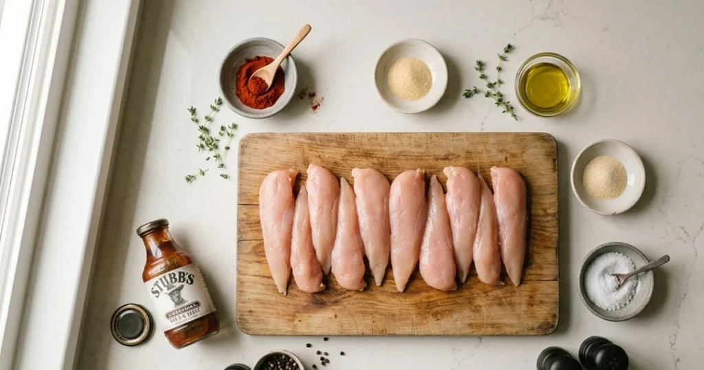Ingredients for bbq chicken tenders air fryer recipe: chicken tenderloins, spices, and barbecue sauce