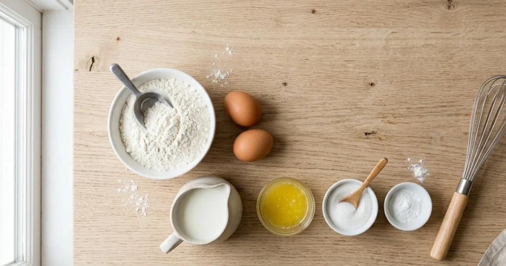 Ingredients for easy hotcake recipe including flour, eggs, milk, and butter