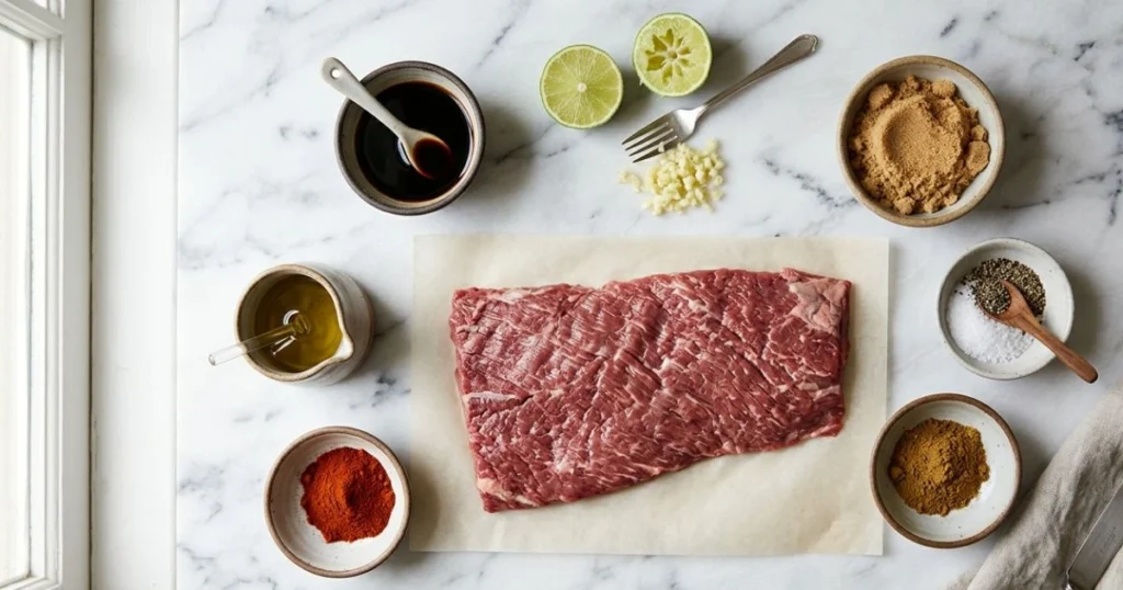 Ingredients for skirt steak recipes marinade including soy sauce, lime, and garlic