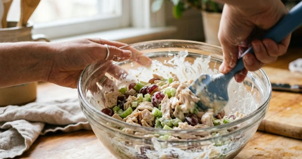 Mixing chicken salad recipe ingredients with dressing in a glass bowl