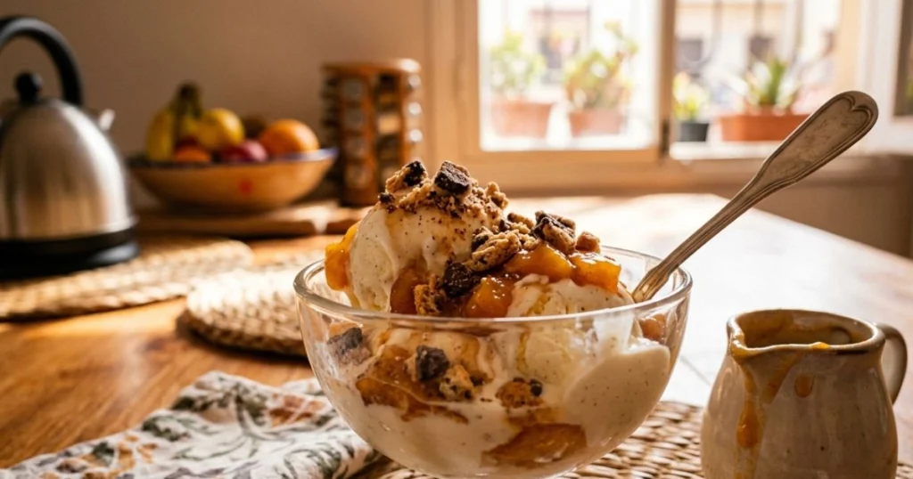 Ninja Creami ice cream served with warm peach sauce and crushed cookies for dessert
