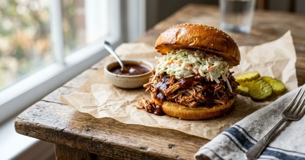 Pulled bbq chicken crockpot sandwich on a toasted bun topped with coleslaw