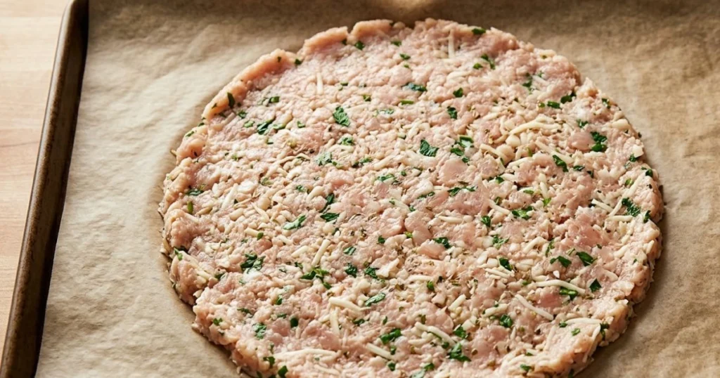 Raw chicken crust pizza keto base shaped and ready for the first bake