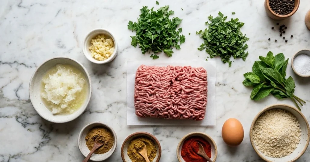 Raw ingredients for a ground lamb recipe including spices, herbs, and egg