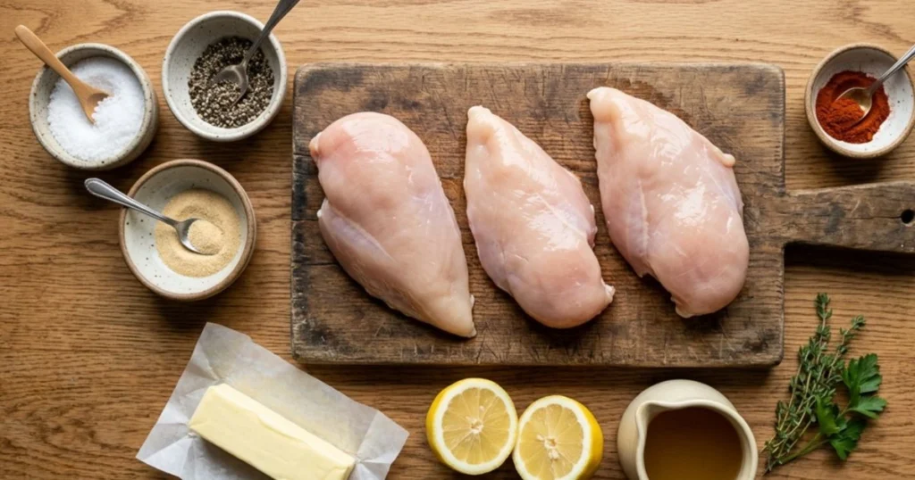Raw ingredients for chicken breast recipes laid out on a cutting board