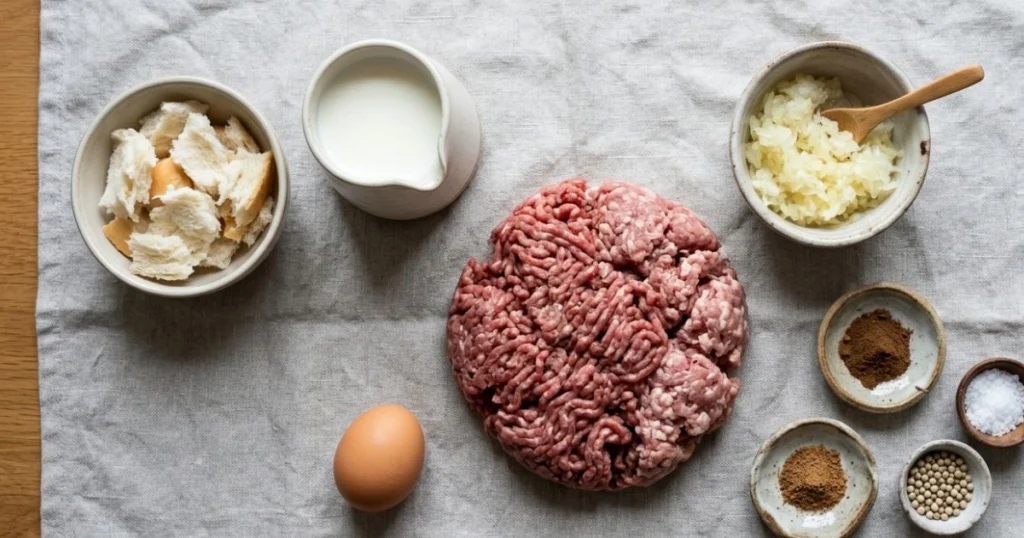 Raw ingredients for classic Swedish meatballs, including ground beef, pork, and panade