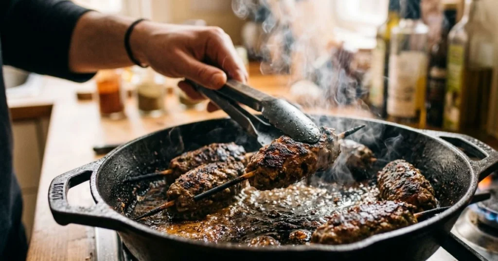 Searing ground lamb kofta in a cast iron skillet until golden brown