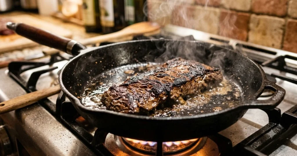Searing skirt steak in a cast-iron skillet for a caramelized crust