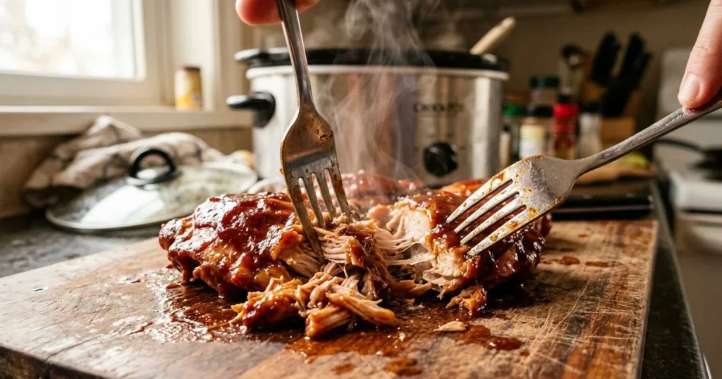 Shredding tender bbq chicken crockpot chicken with two forks on a cutting board"