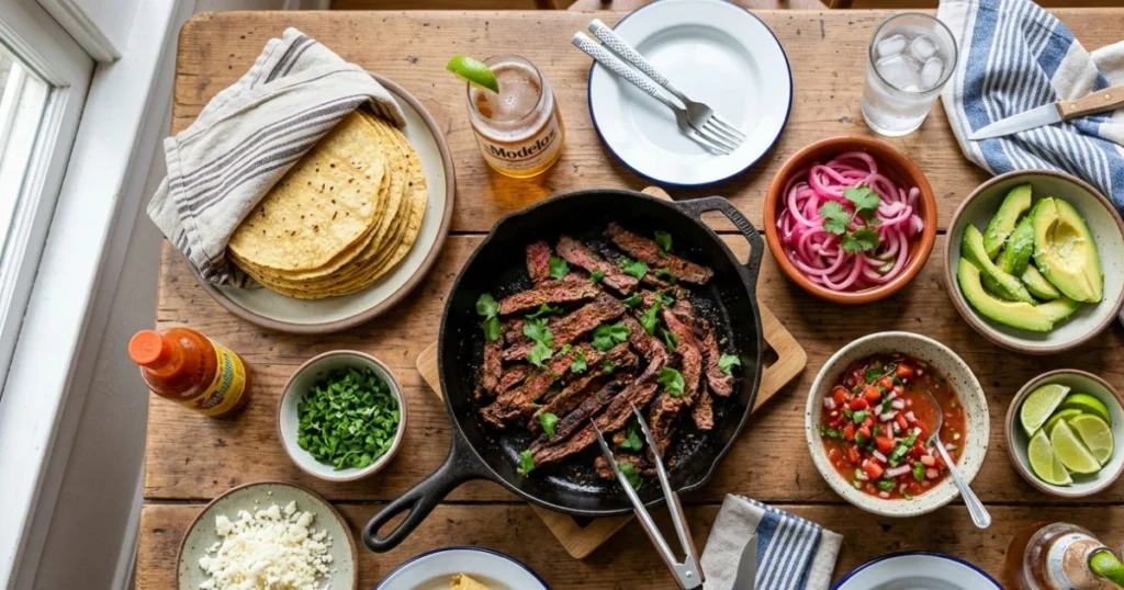 Skirt steak recipe served taco-style with tortillas, avocado, and pickled onions