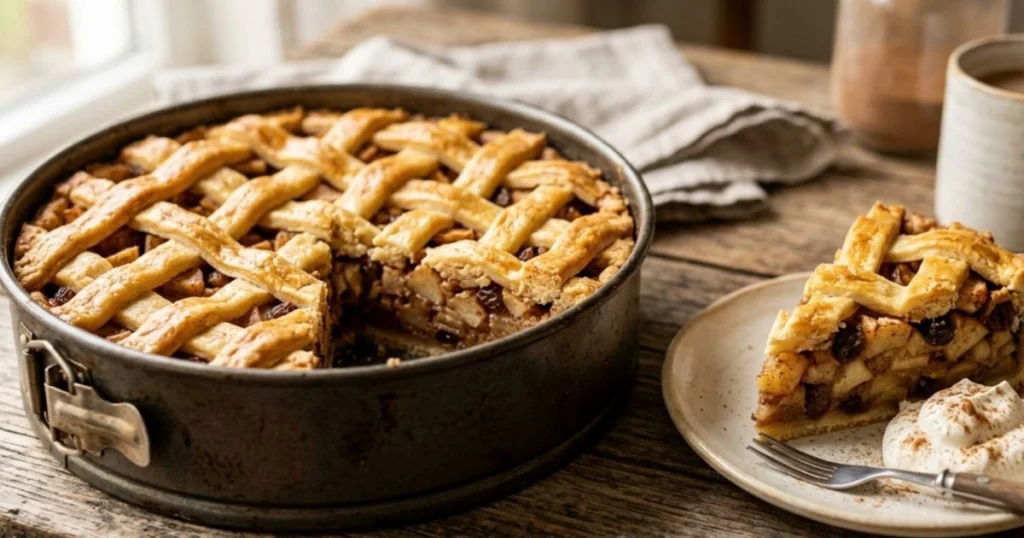 Sliced Dutch appeltaart with lattice crust, an easy Dutch apple pie recipe for home baking