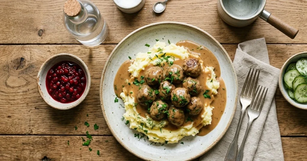 Swedish meatballs served with mashed potatoes, lingonberry jam, and pickled cucumbers