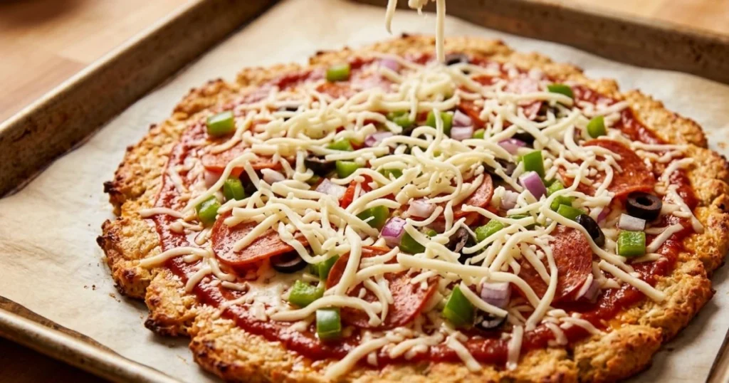 Topping the pre-baked chicken crust pizza keto base with sauce and cheese