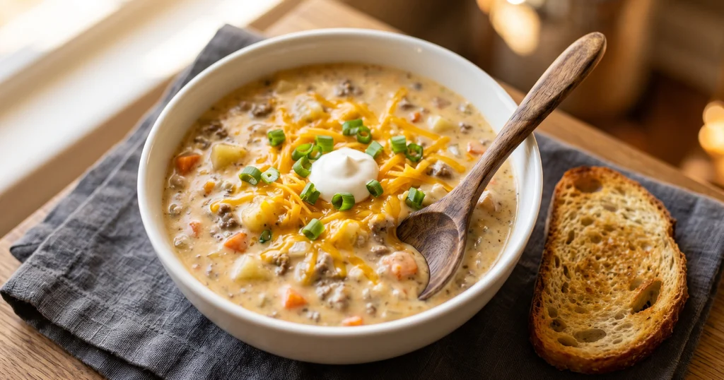 A bowl of creamy cheeseburger soup topped with shredded cheddar, green onions, and sour cream served with sourdough bread